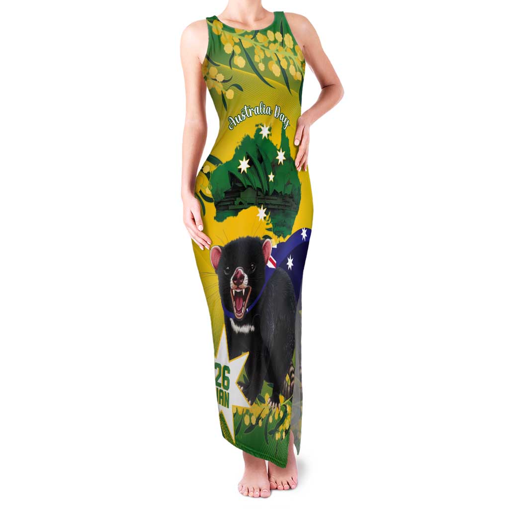 Tasimania Devil Australia Day Tank Maxi Dress Aussie Aussie Aussie Oi! Oi! Oi! - Green