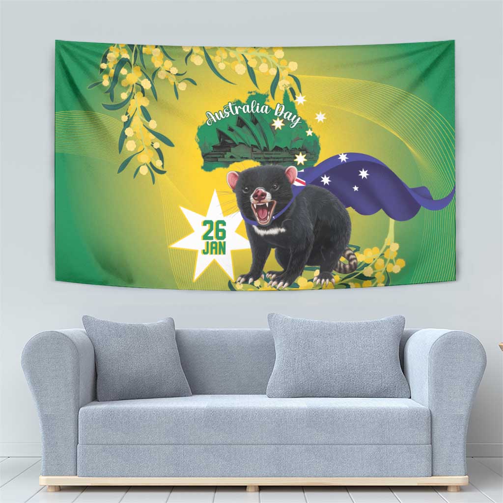 Tasimania Devil Australia Day Tapestry Aussie Aussie Aussie Oi! Oi! Oi! - Green - Vibe Hoodie Shop