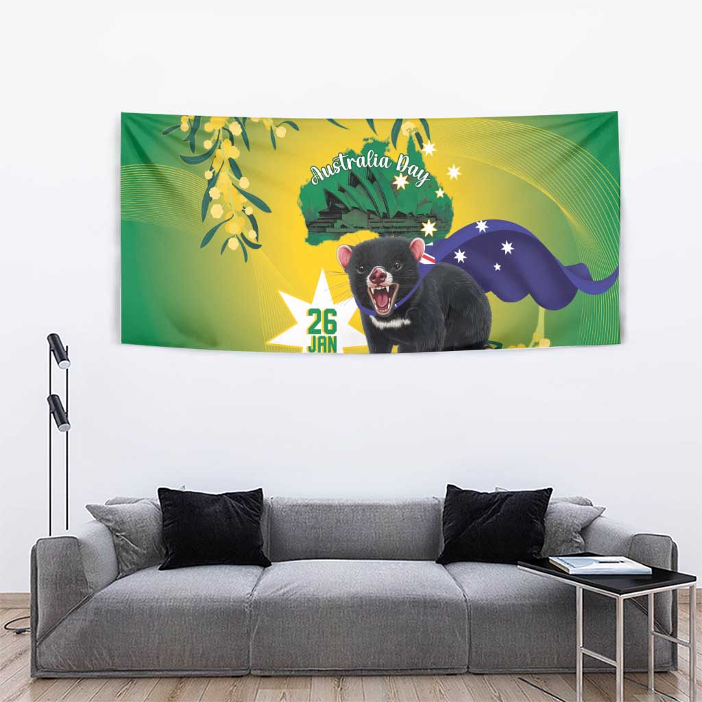 Tasimania Devil Australia Day Tapestry Aussie Aussie Aussie Oi! Oi! Oi! - Green - Vibe Hoodie Shop