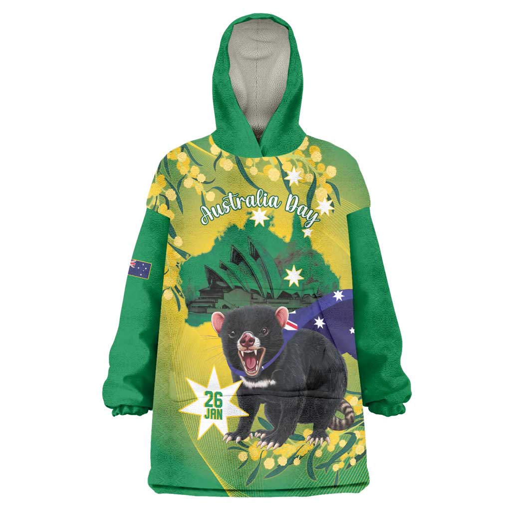 Tasimania Devil Australia Day Wearable Blanket Hoodie Aussie Aussie Aussie Oi! Oi! Oi! - Green - Vibe Hoodie Shop