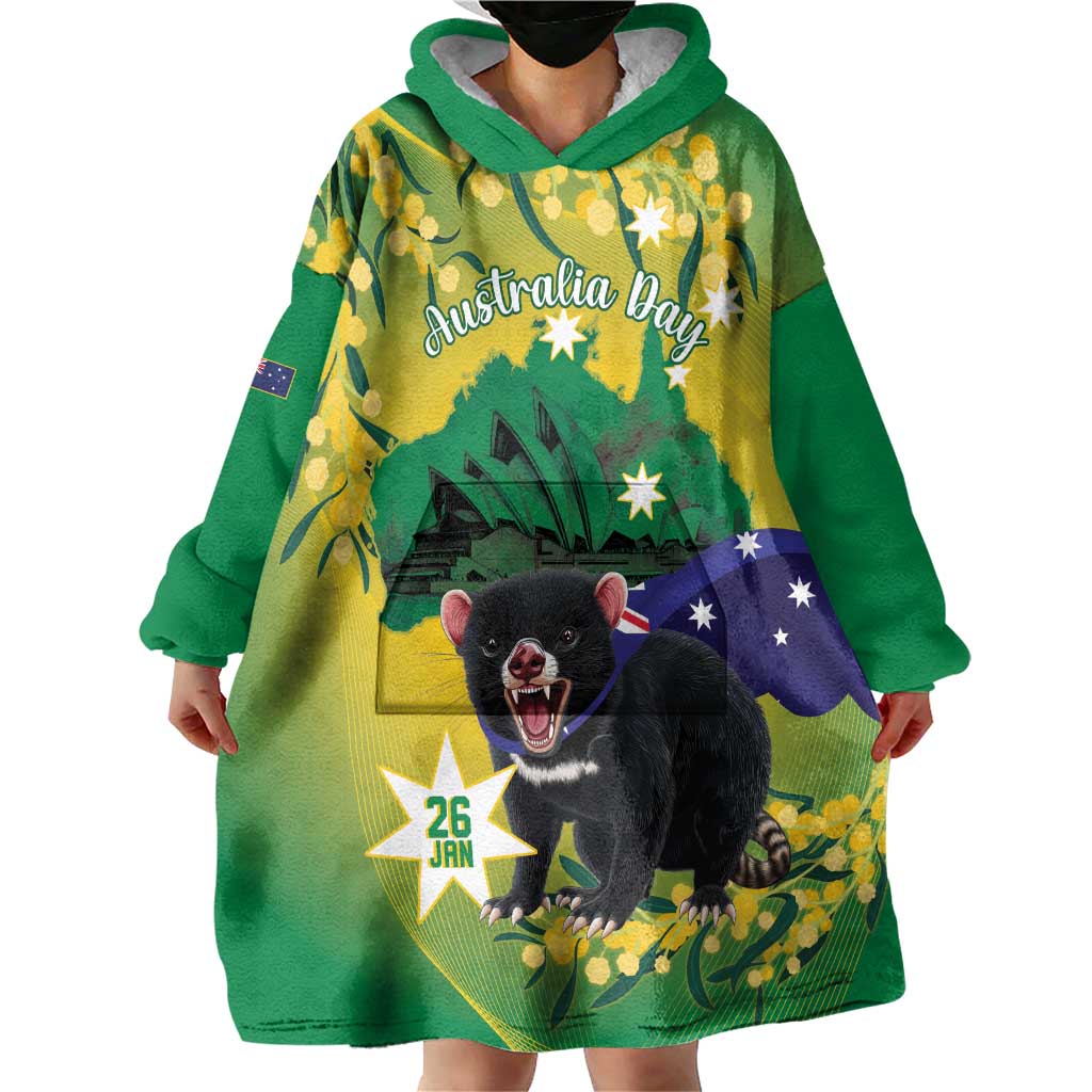 Tasimania Devil Australia Day Wearable Blanket Hoodie Aussie Aussie Aussie Oi! Oi! Oi! - Green - Vibe Hoodie Shop