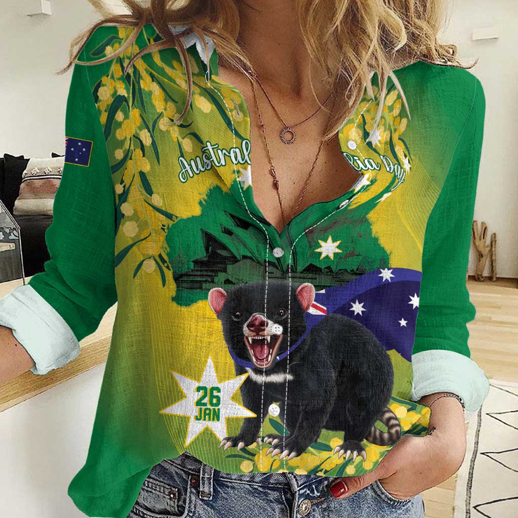 Tasimania Devil Australia Day Women Casual Shirt Aussie Aussie Aussie Oi! Oi! Oi! - Green - Vibe Hoodie Shop