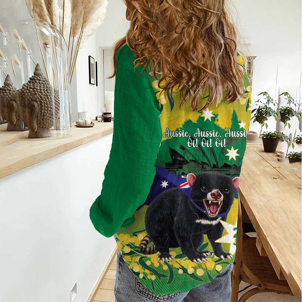 Tasimania Devil Australia Day Women Casual Shirt Aussie Aussie Aussie Oi! Oi! Oi! - Green - Vibe Hoodie Shop