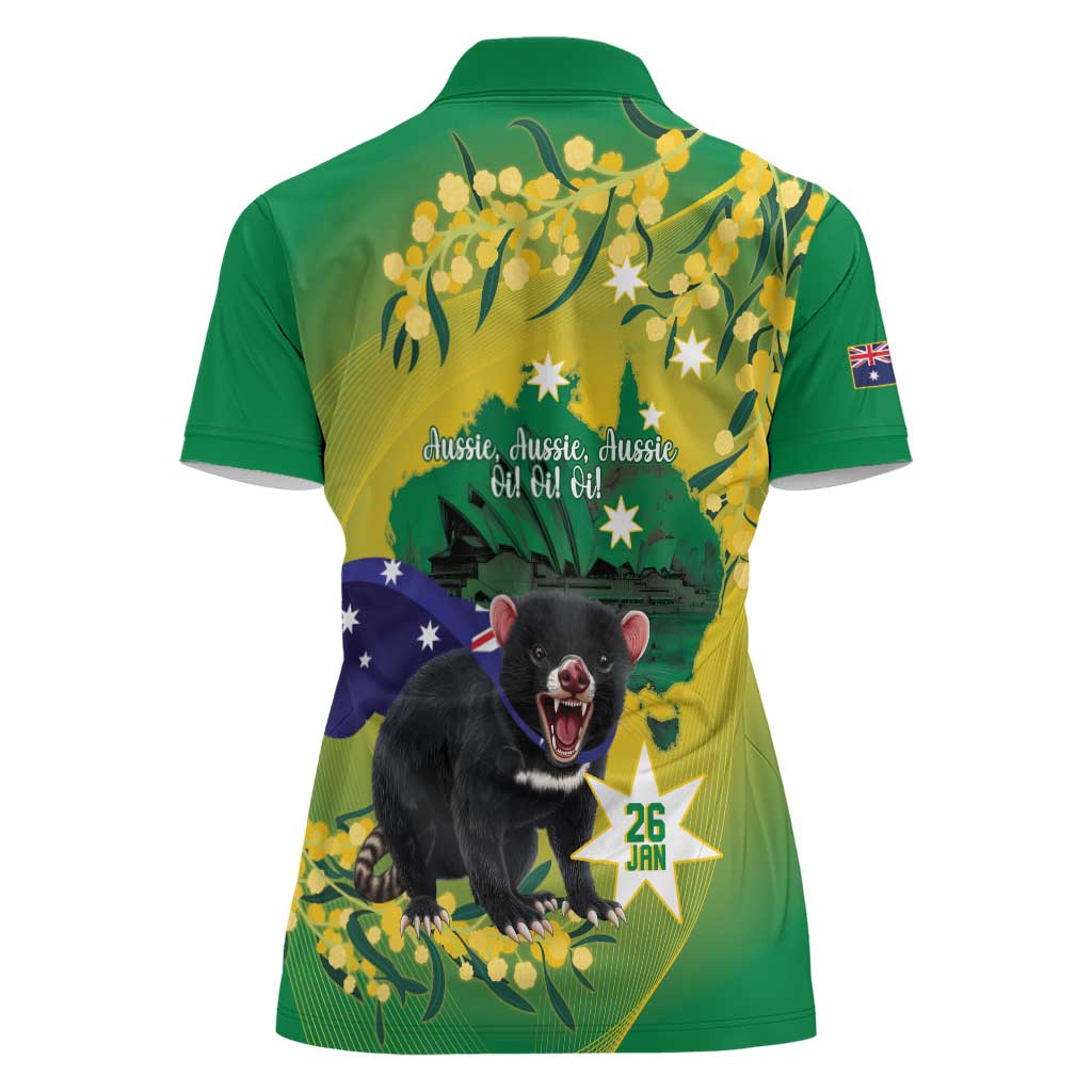 Tasimania Devil Australia Day Women Polo Shirt Aussie Aussie Aussie Oi! Oi! Oi! - Green - Vibe Hoodie Shop