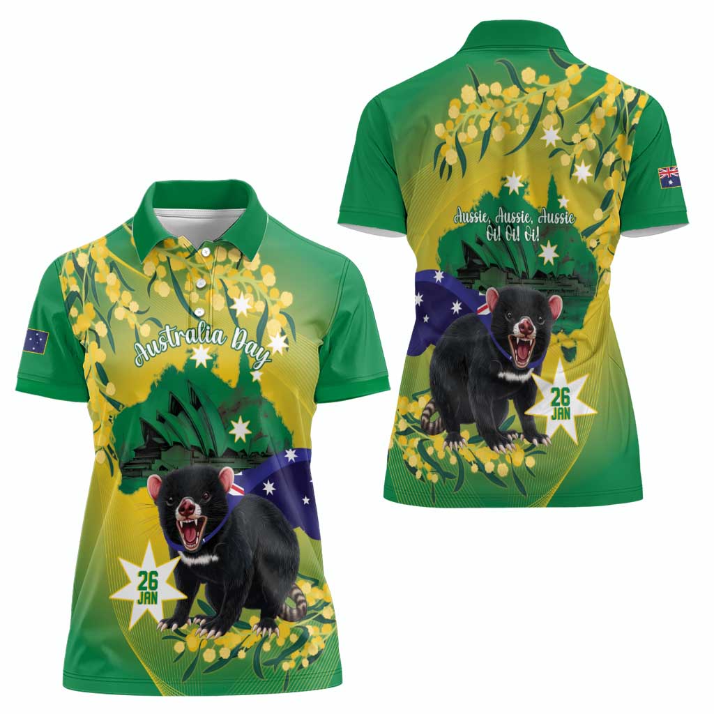 Tasimania Devil Australia Day Women Polo Shirt Aussie Aussie Aussie Oi! Oi! Oi! - Green - Vibe Hoodie Shop