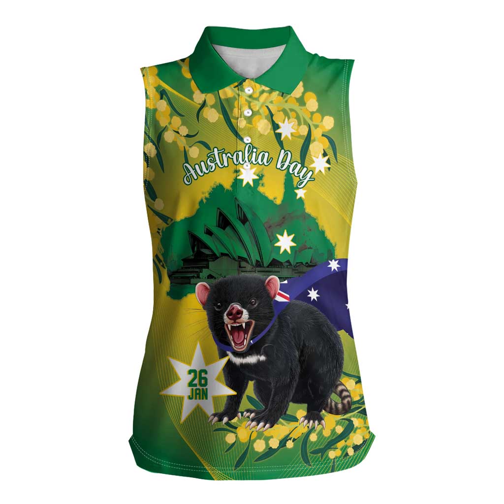 Tasimania Devil Australia Day Women Sleeveless Polo Shirt Aussie Aussie Aussie Oi! Oi! Oi! - Green