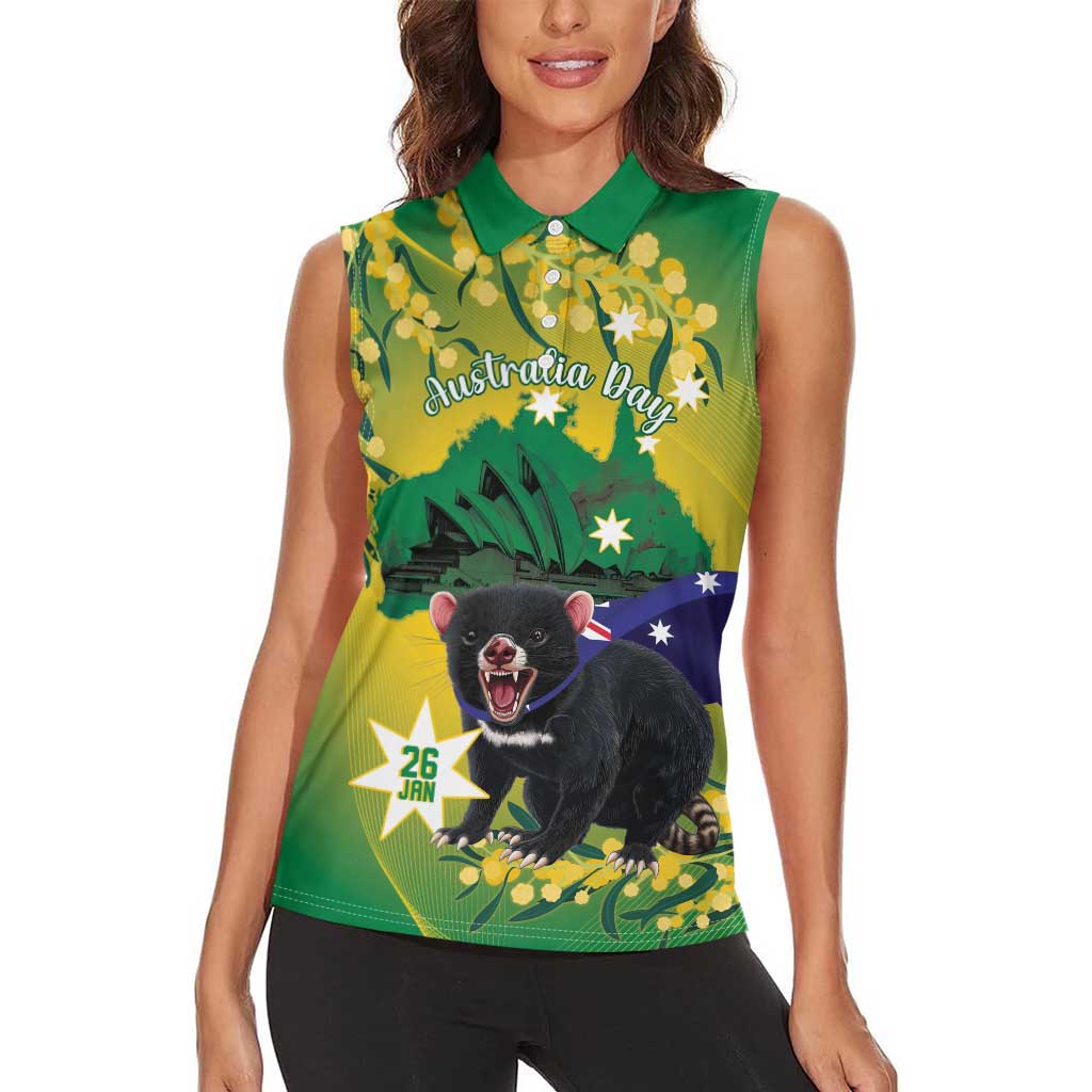 Tasimania Devil Australia Day Women Sleeveless Polo Shirt Aussie Aussie Aussie Oi! Oi! Oi! - Green