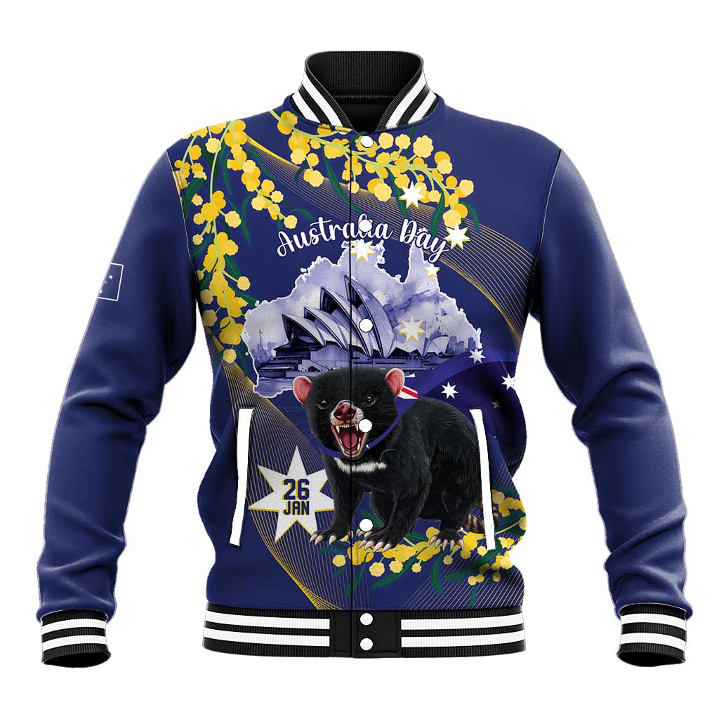 Tasimania Devil Australia Day Baseball Jacket Aussie Aussie Aussie Oi! Oi! Oi! - Blue - Vibe Hoodie Shop