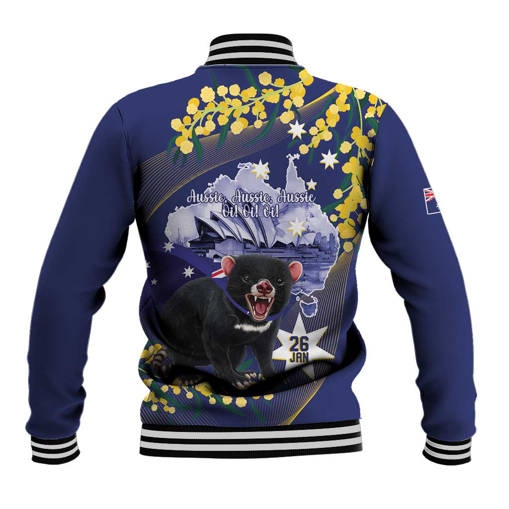 Tasimania Devil Australia Day Baseball Jacket Aussie Aussie Aussie Oi! Oi! Oi! - Blue - Vibe Hoodie Shop