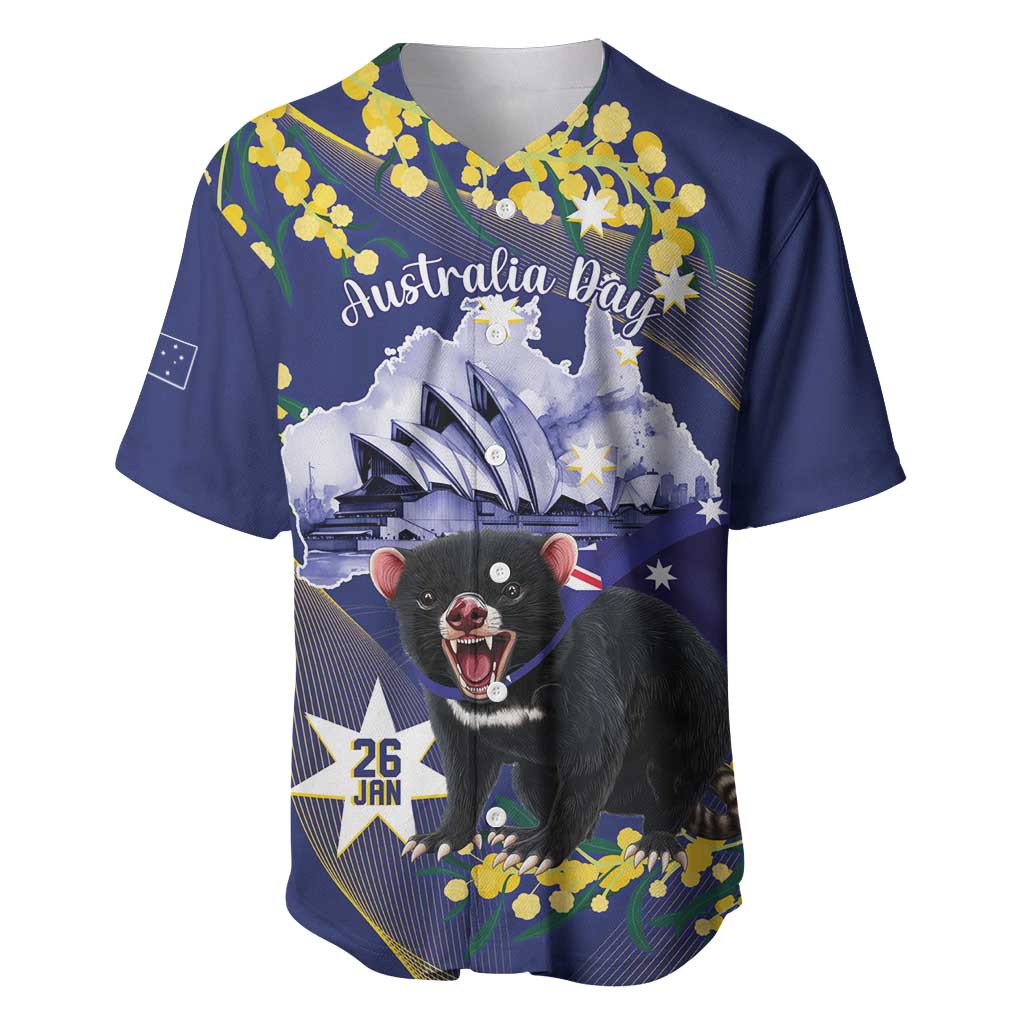 Tasimania Devil Australia Day Baseball Jersey Aussie Aussie Aussie Oi! Oi! Oi! - Blue - Vibe Hoodie Shop