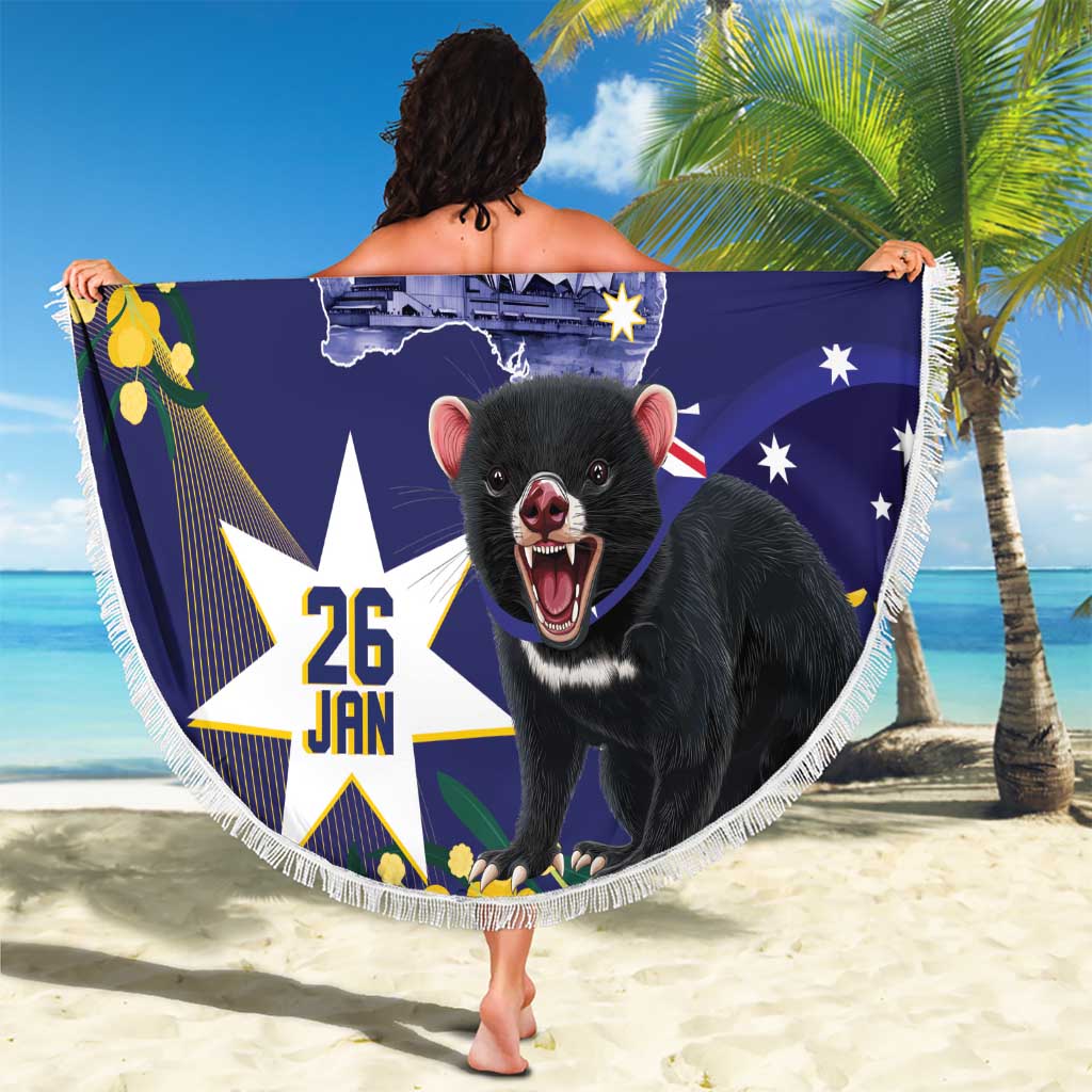 Tasimania Devil Australia Day Beach Blanket Aussie Aussie Aussie Oi! Oi! Oi! - Blue