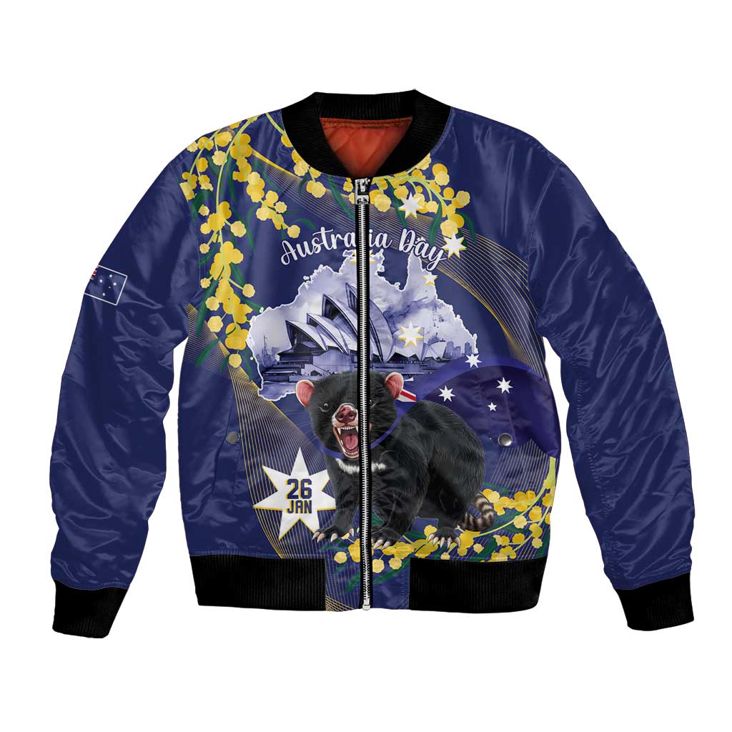 Tasimania Devil Australia Day Bomber Jacket Aussie Aussie Aussie Oi! Oi! Oi! - Blue - Vibe Hoodie Shop