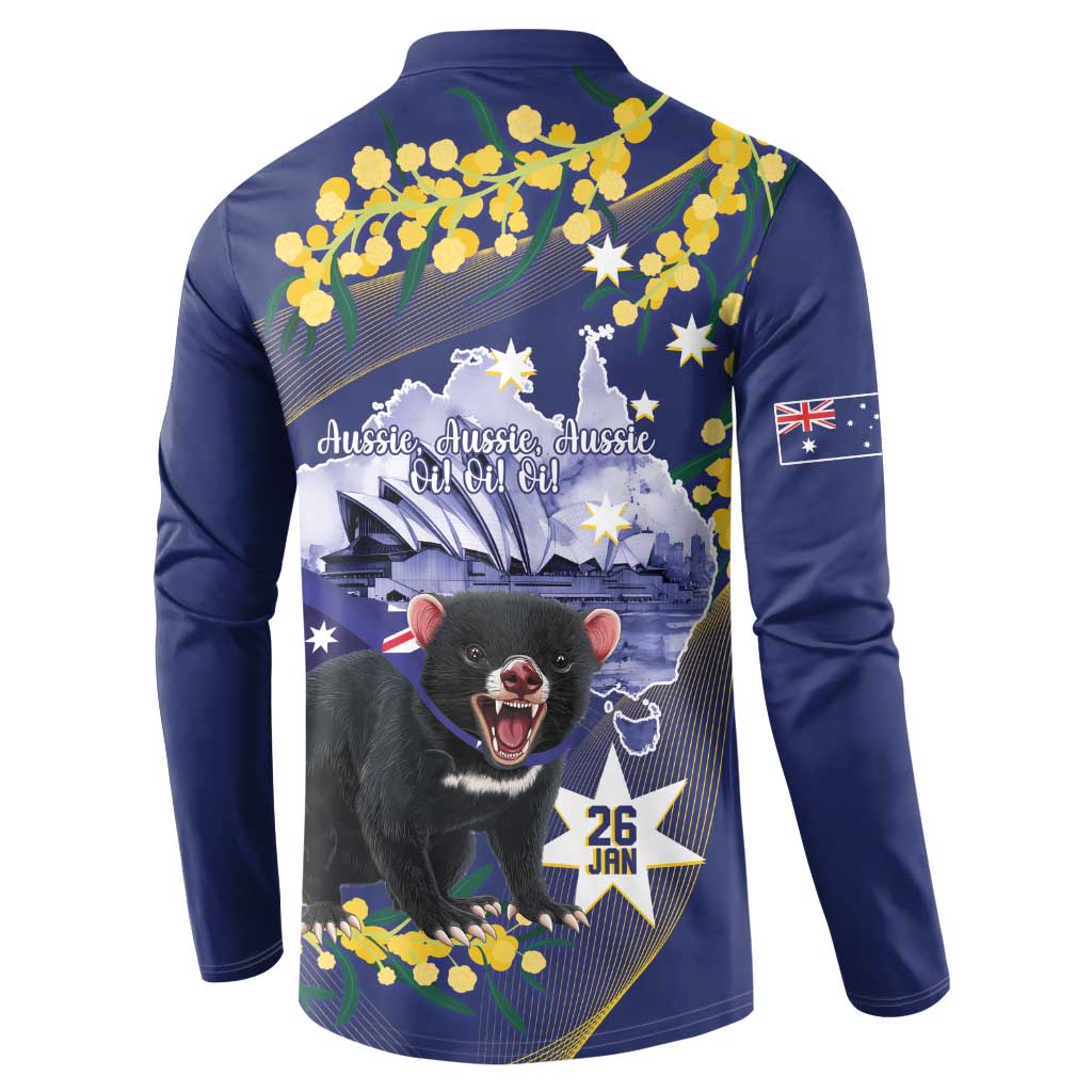 Tasimania Devil Australia Day Button Sweatshirt Aussie Aussie Aussie Oi! Oi! Oi! - Blue