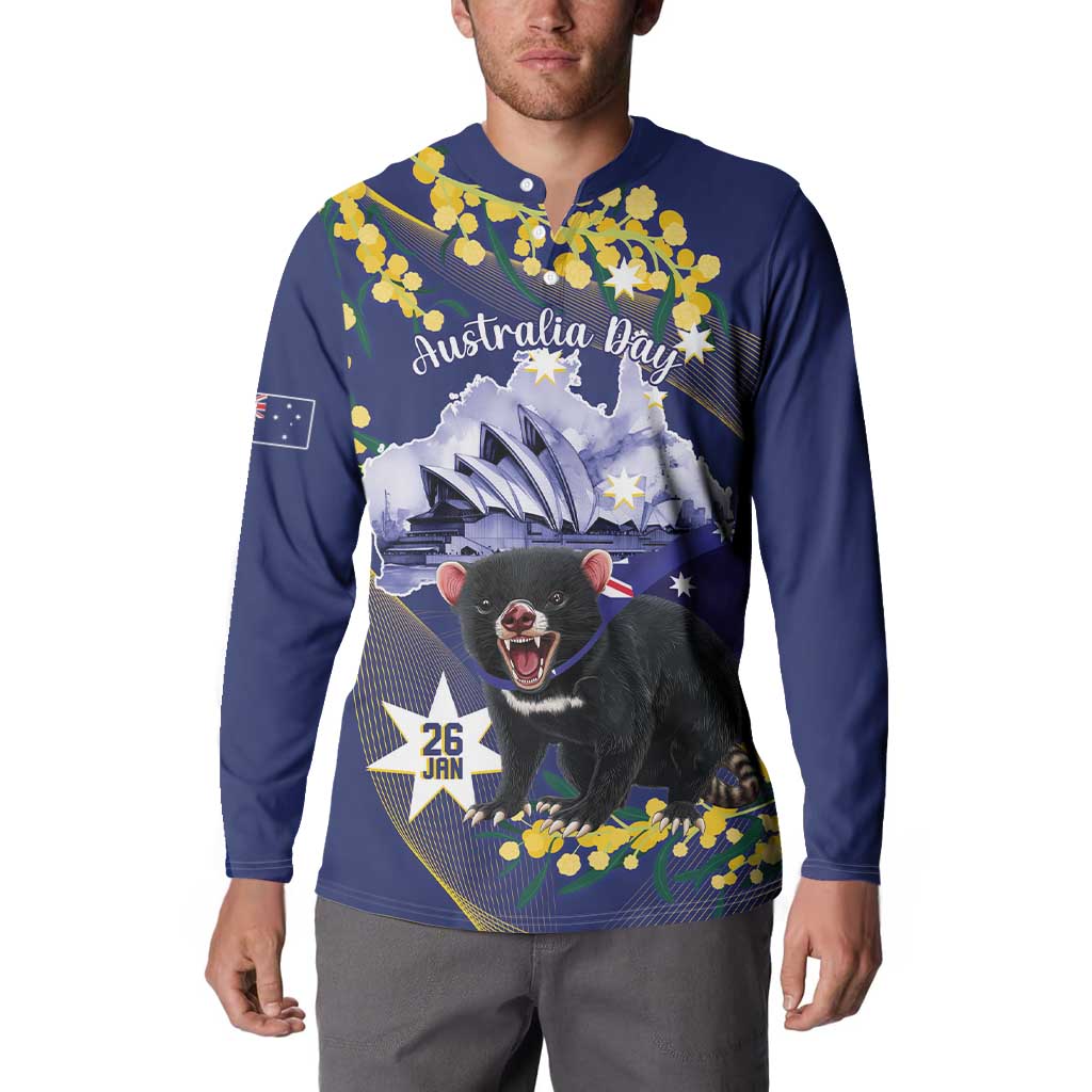 Tasimania Devil Australia Day Button Sweatshirt Aussie Aussie Aussie Oi! Oi! Oi! - Blue