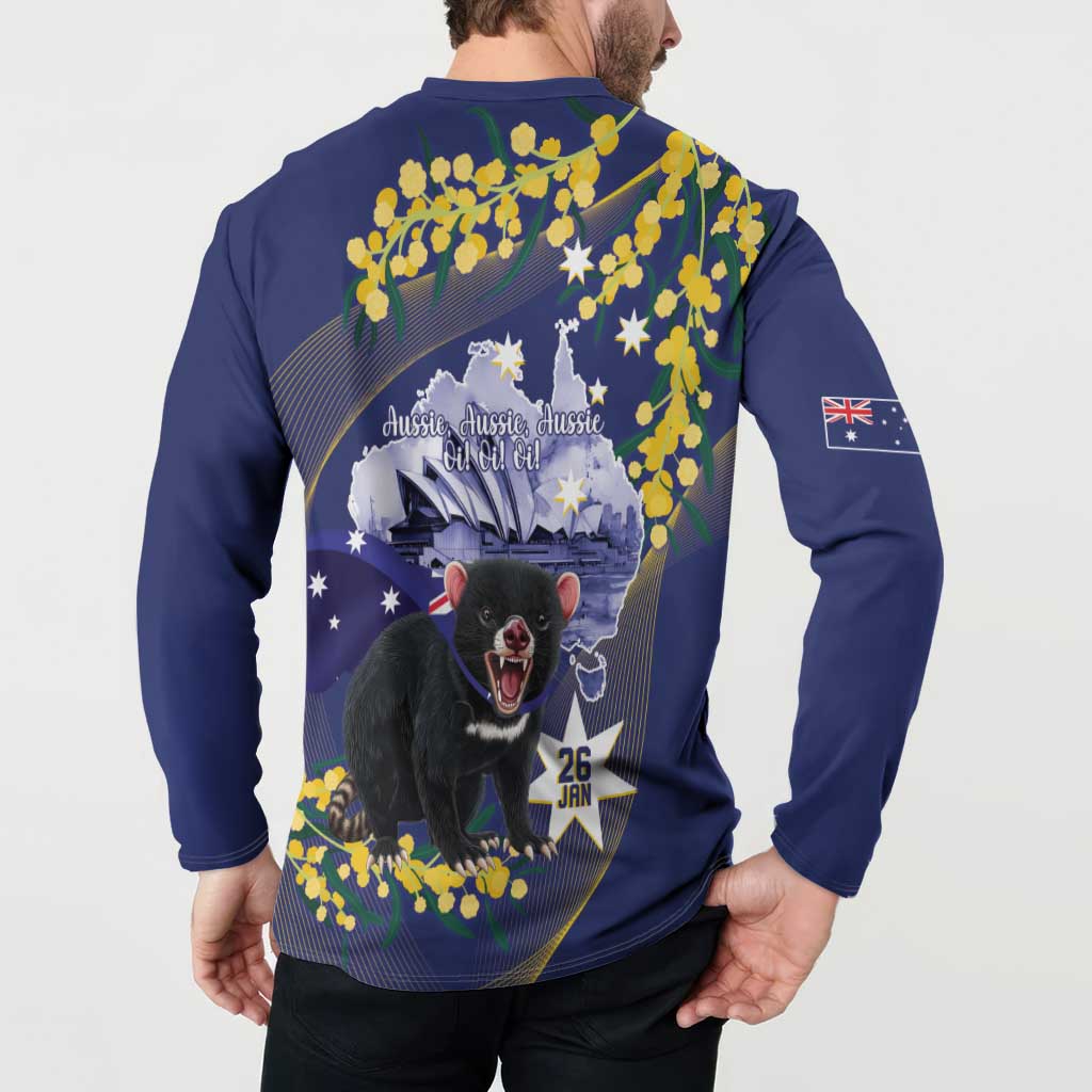 Tasimania Devil Australia Day Button Sweatshirt Aussie Aussie Aussie Oi! Oi! Oi! - Blue