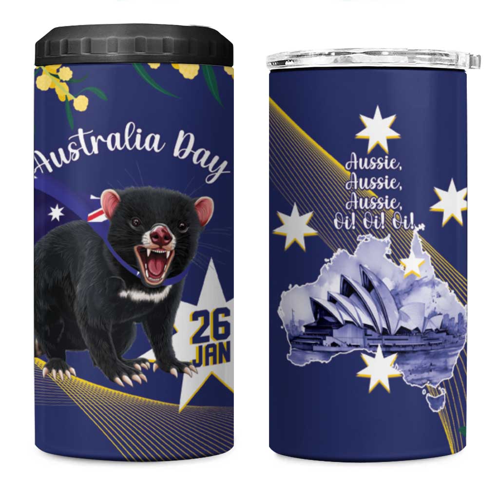 Tasimania Devil Australia Day 4 in 1 Can Cooler Tumbler Aussie Aussie Aussie Oi! Oi! Oi! - Blue