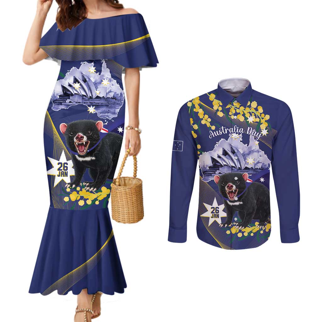 Tasimania Devil Australia Day Couples Matching Mermaid Dress and Long Sleeve Button Shirt Aussie Aussie Aussie Oi! Oi! Oi! - Blue