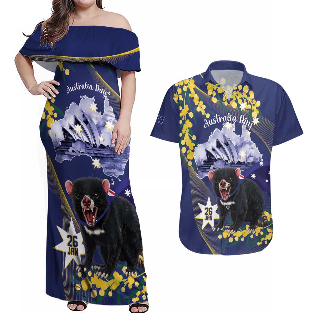 Tasimania Devil Australia Day Couples Matching Off Shoulder Maxi Dress and Hawaiian Shirt Aussie Aussie Aussie Oi! Oi! Oi! - Blue