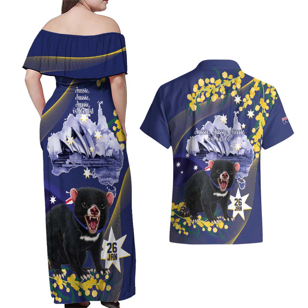 Tasimania Devil Australia Day Couples Matching Off Shoulder Maxi Dress and Hawaiian Shirt Aussie Aussie Aussie Oi! Oi! Oi! - Blue