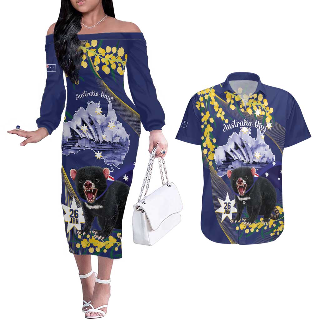 Tasimania Devil Australia Day Couples Matching Off The Shoulder Long Sleeve Dress and Hawaiian Shirt Aussie Aussie Aussie Oi! Oi! Oi! - Blue