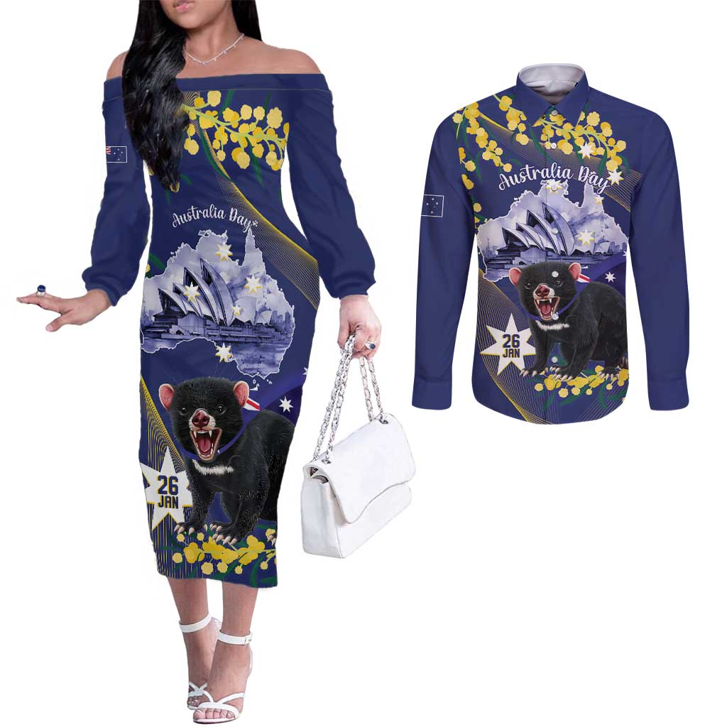 Tasimania Devil Australia Day Couples Matching Off The Shoulder Long Sleeve Dress and Long Sleeve Button Shirt Aussie Aussie Aussie Oi! Oi! Oi! - Blue