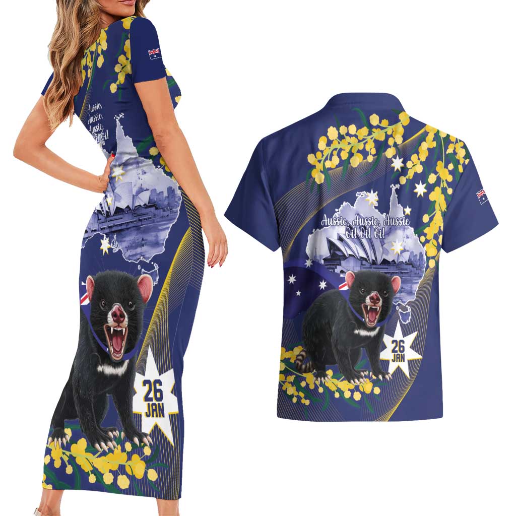 Tasimania Devil Australia Day Couples Matching Short Sleeve Bodycon Dress and Hawaiian Shirt Aussie Aussie Aussie Oi! Oi! Oi! - Blue