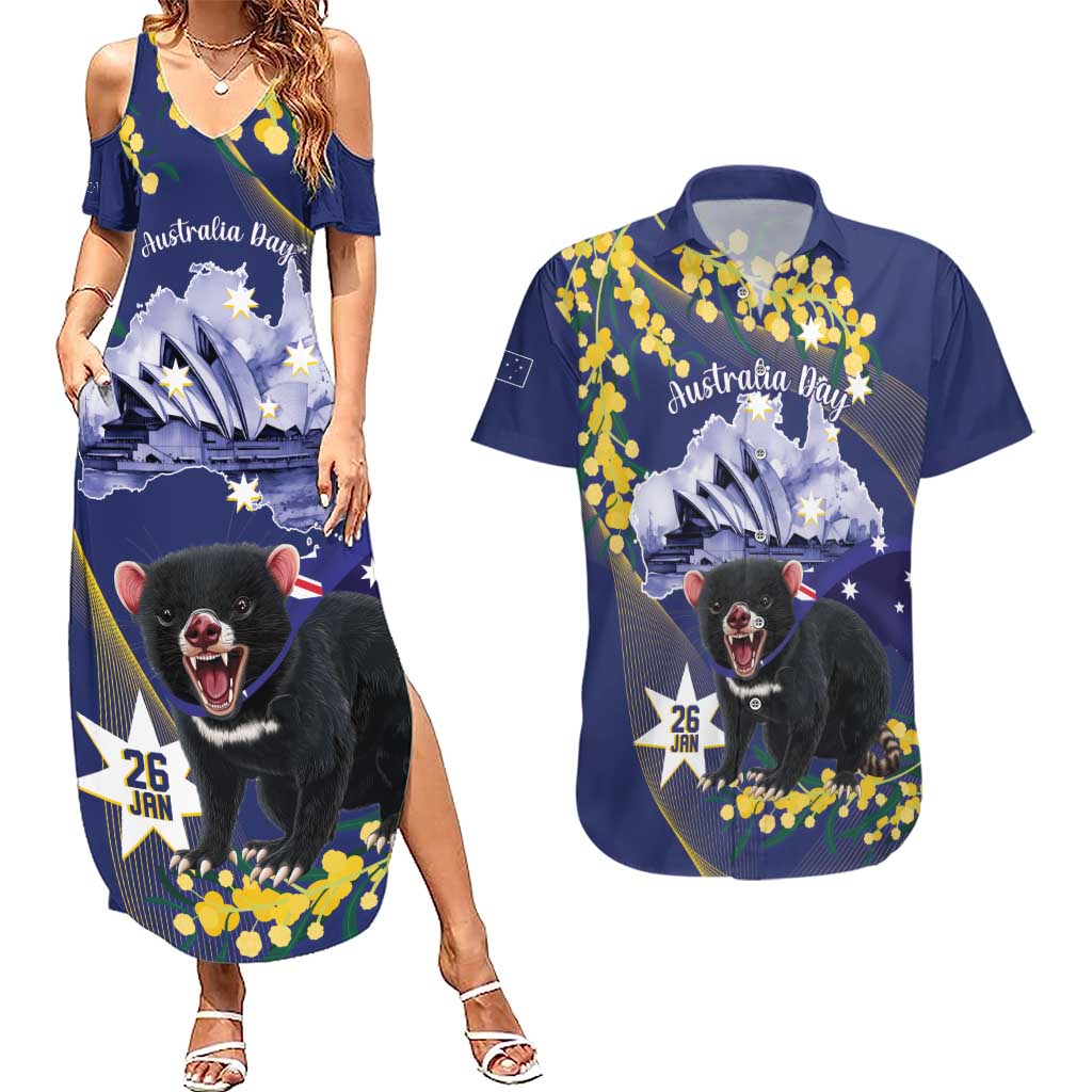 Tasimania Devil Australia Day Couples Matching Summer Maxi Dress and Hawaiian Shirt Aussie Aussie Aussie Oi! Oi! Oi! - Blue