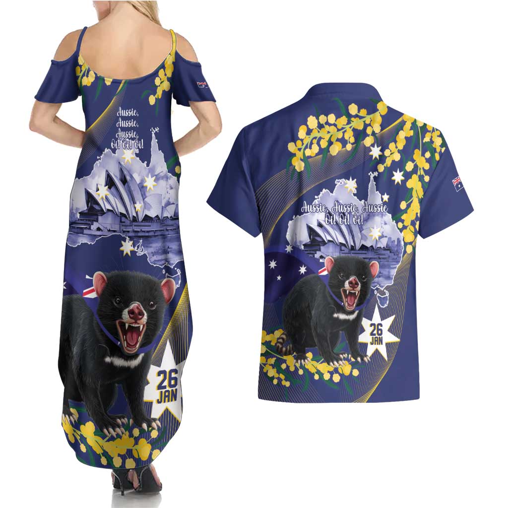 Tasimania Devil Australia Day Couples Matching Summer Maxi Dress and Hawaiian Shirt Aussie Aussie Aussie Oi! Oi! Oi! - Blue