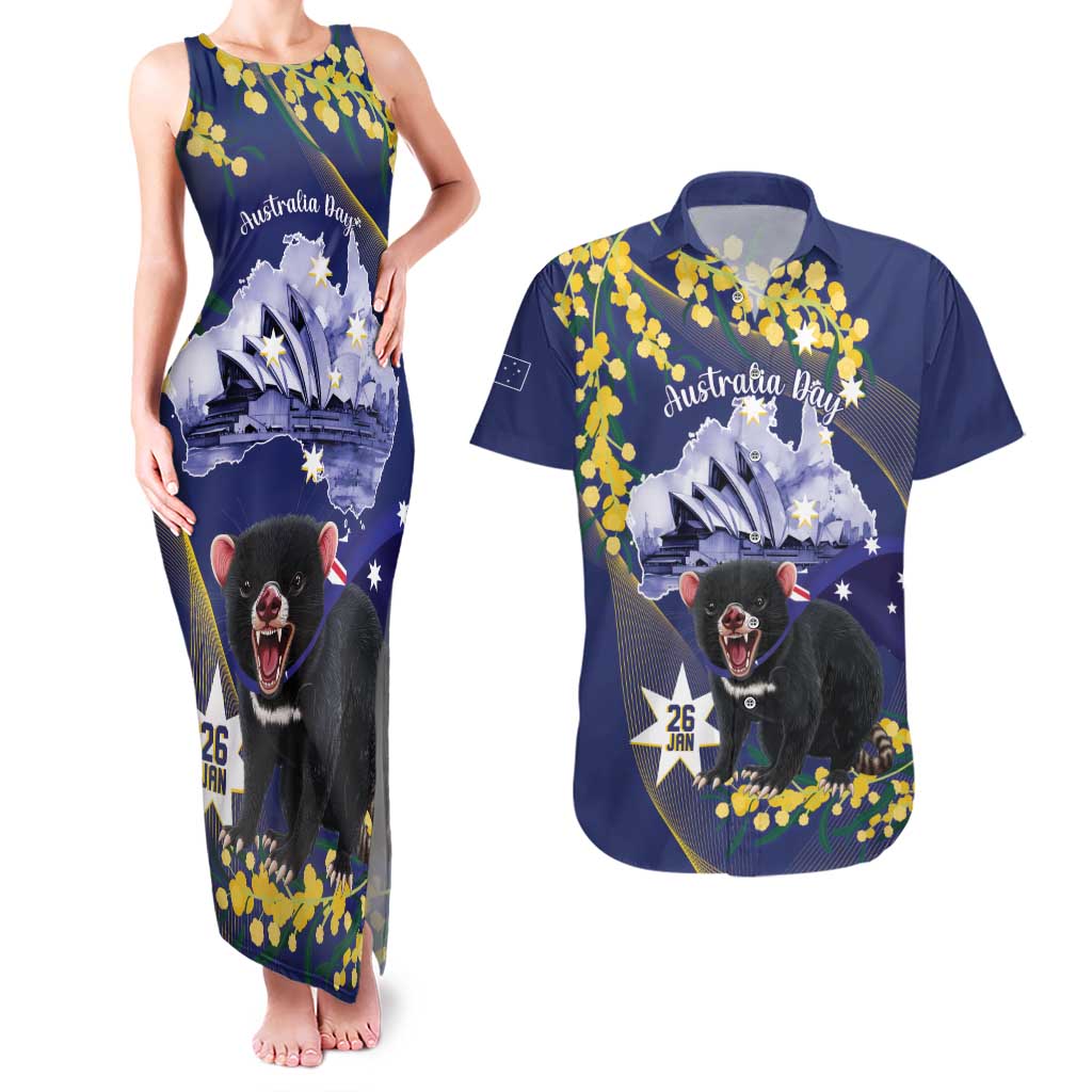 Tasimania Devil Australia Day Couples Matching Tank Maxi Dress and Hawaiian Shirt Aussie Aussie Aussie Oi! Oi! Oi! - Blue