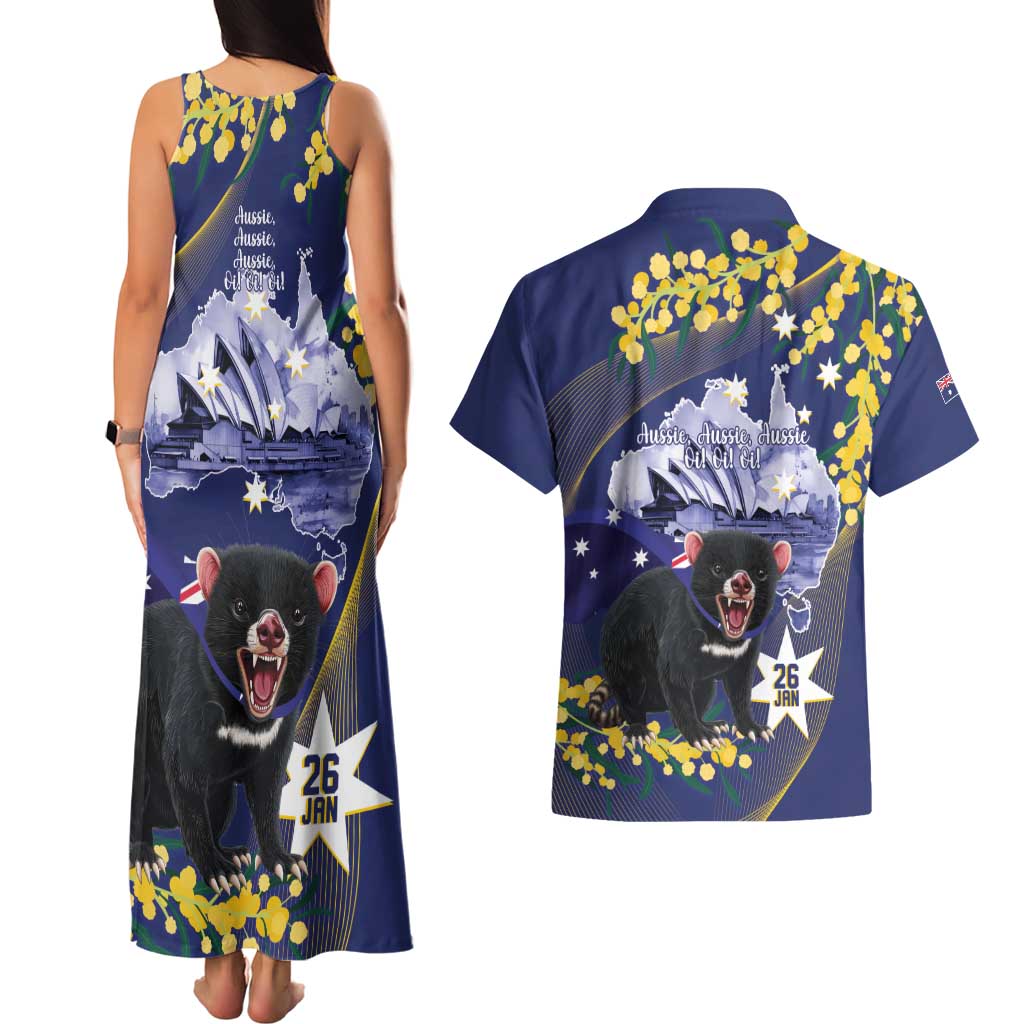 Tasimania Devil Australia Day Couples Matching Tank Maxi Dress and Hawaiian Shirt Aussie Aussie Aussie Oi! Oi! Oi! - Blue