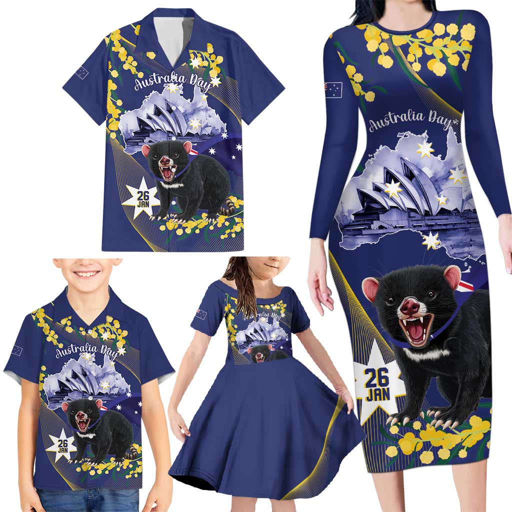 Tasimania Devil Australia Day Family Matching Long Sleeve Bodycon Dress and Hawaiian Shirt Aussie Aussie Aussie Oi! Oi! Oi! - Blue