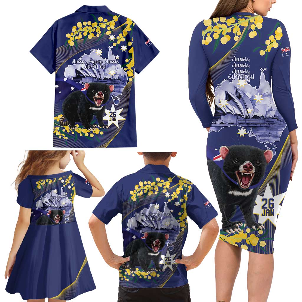 Tasimania Devil Australia Day Family Matching Long Sleeve Bodycon Dress and Hawaiian Shirt Aussie Aussie Aussie Oi! Oi! Oi! - Blue