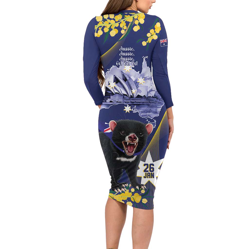 Tasimania Devil Australia Day Family Matching Long Sleeve Bodycon Dress and Hawaiian Shirt Aussie Aussie Aussie Oi! Oi! Oi! - Blue