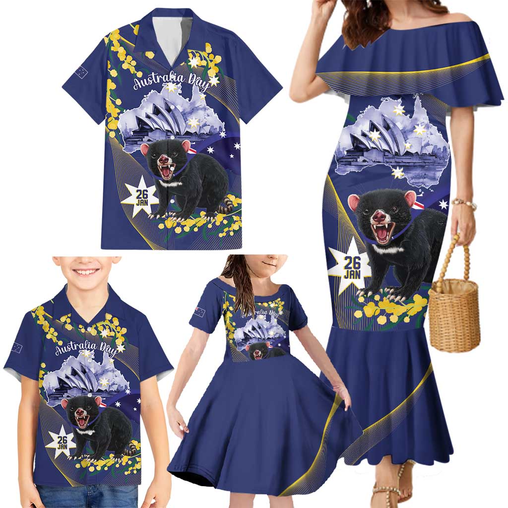 Tasimania Devil Australia Day Family Matching Mermaid Dress and Hawaiian Shirt Aussie Aussie Aussie Oi! Oi! Oi! - Blue