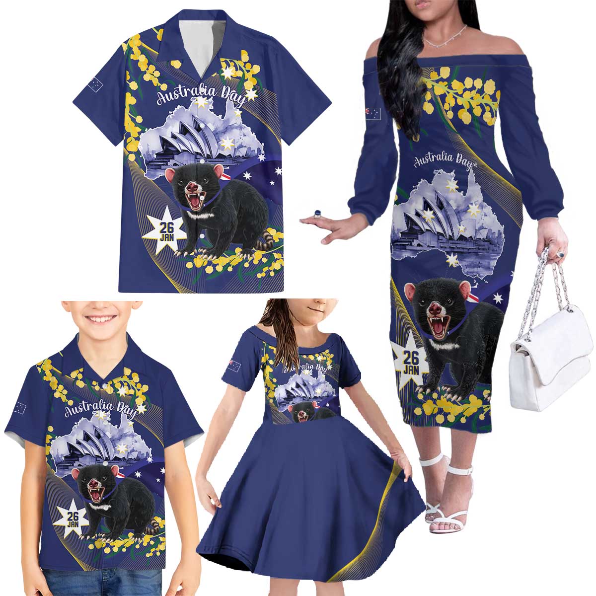 Tasimania Devil Australia Day Family Matching Off The Shoulder Long Sleeve Dress and Hawaiian Shirt Aussie Aussie Aussie Oi! Oi! Oi! - Blue