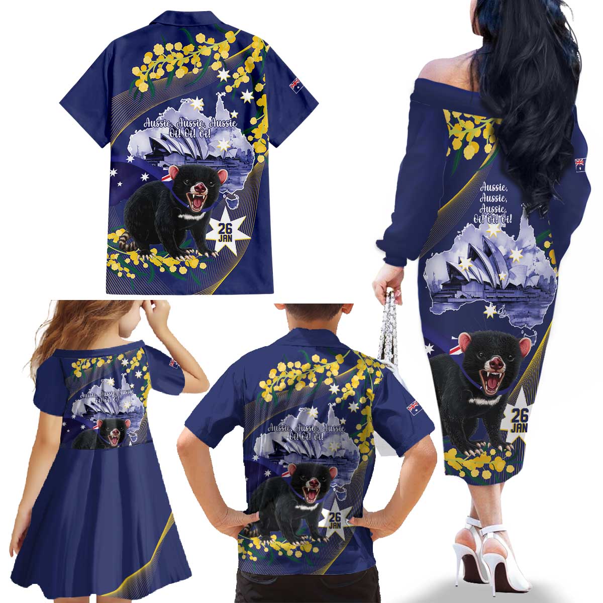 Tasimania Devil Australia Day Family Matching Off The Shoulder Long Sleeve Dress and Hawaiian Shirt Aussie Aussie Aussie Oi! Oi! Oi! - Blue