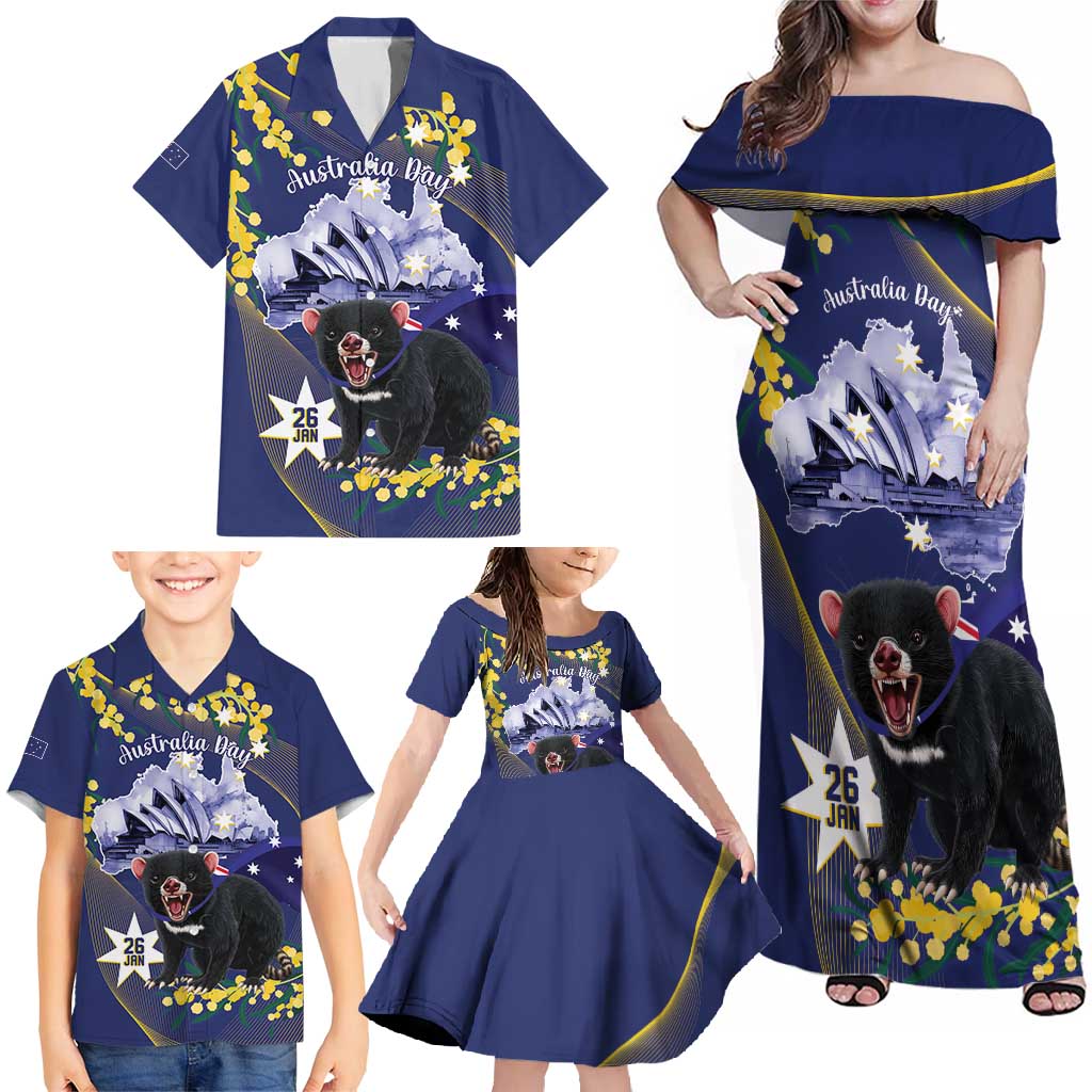 Tasimania Devil Australia Day Family Matching Off Shoulder Maxi Dress and Hawaiian Shirt Aussie Aussie Aussie Oi! Oi! Oi! - Blue