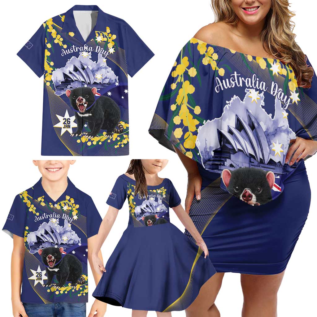 Tasimania Devil Australia Day Family Matching Off Shoulder Short Dress and Hawaiian Shirt Aussie Aussie Aussie Oi! Oi! Oi! - Blue