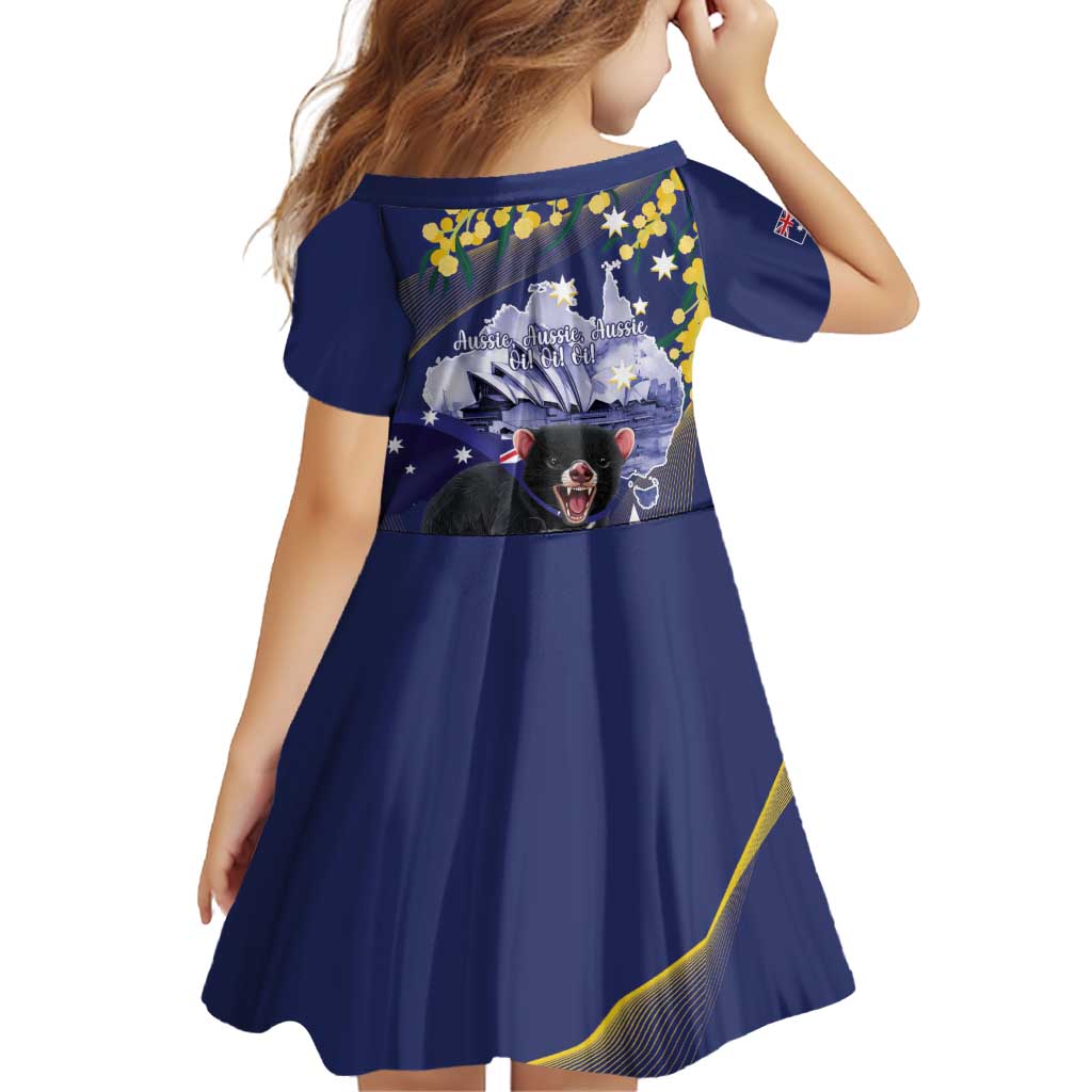 Tasimania Devil Australia Day Family Matching Off Shoulder Short Dress and Hawaiian Shirt Aussie Aussie Aussie Oi! Oi! Oi! - Blue