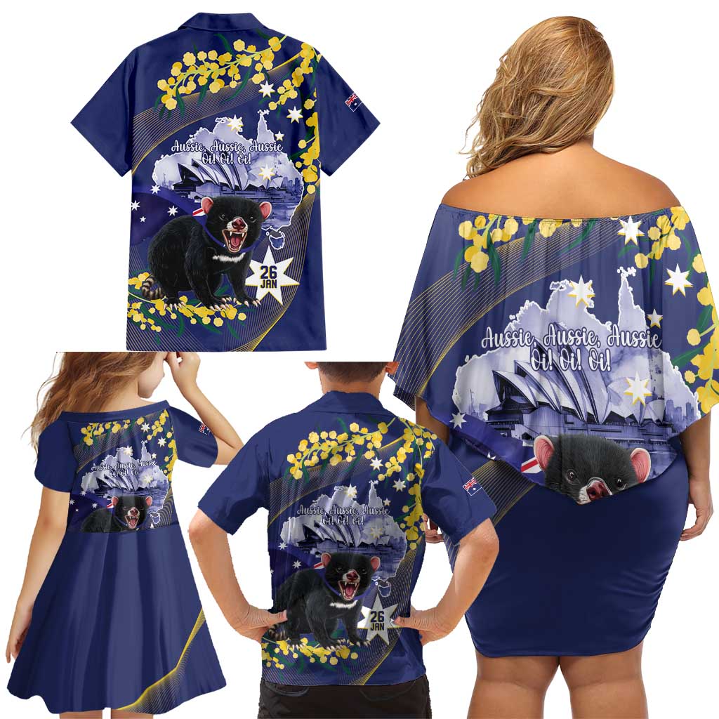 Tasimania Devil Australia Day Family Matching Off Shoulder Short Dress and Hawaiian Shirt Aussie Aussie Aussie Oi! Oi! Oi! - Blue