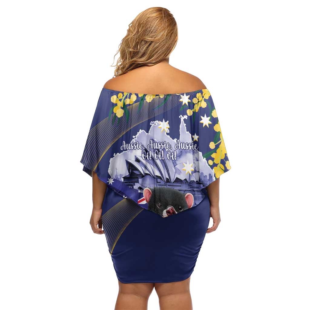 Tasimania Devil Australia Day Family Matching Off Shoulder Short Dress and Hawaiian Shirt Aussie Aussie Aussie Oi! Oi! Oi! - Blue