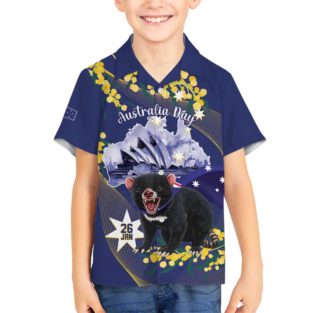 Tasimania Devil Australia Day Family Matching Off Shoulder Short Dress and Hawaiian Shirt Aussie Aussie Aussie Oi! Oi! Oi! - Blue