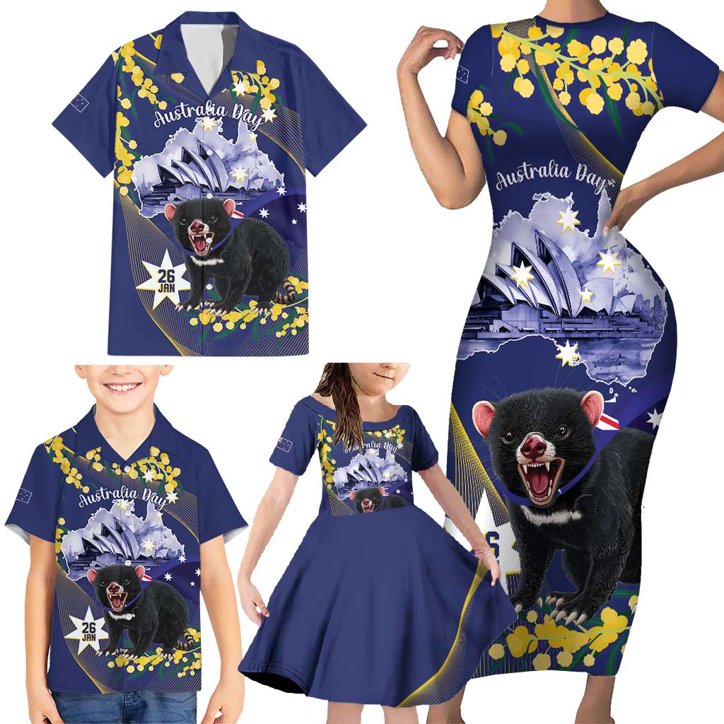 Tasimania Devil Australia Day Family Matching Short Sleeve Bodycon Dress and Hawaiian Shirt Aussie Aussie Aussie Oi! Oi! Oi! - Blue