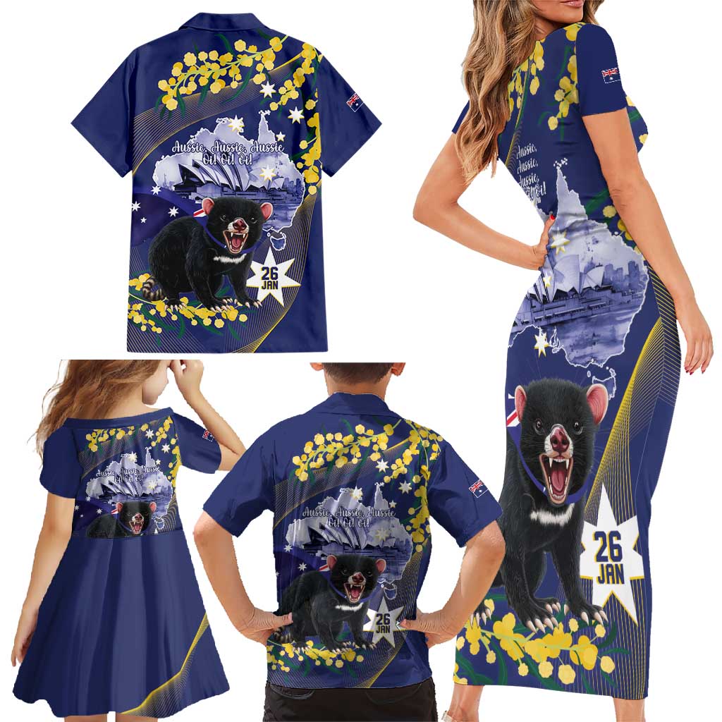 Tasimania Devil Australia Day Family Matching Short Sleeve Bodycon Dress and Hawaiian Shirt Aussie Aussie Aussie Oi! Oi! Oi! - Blue