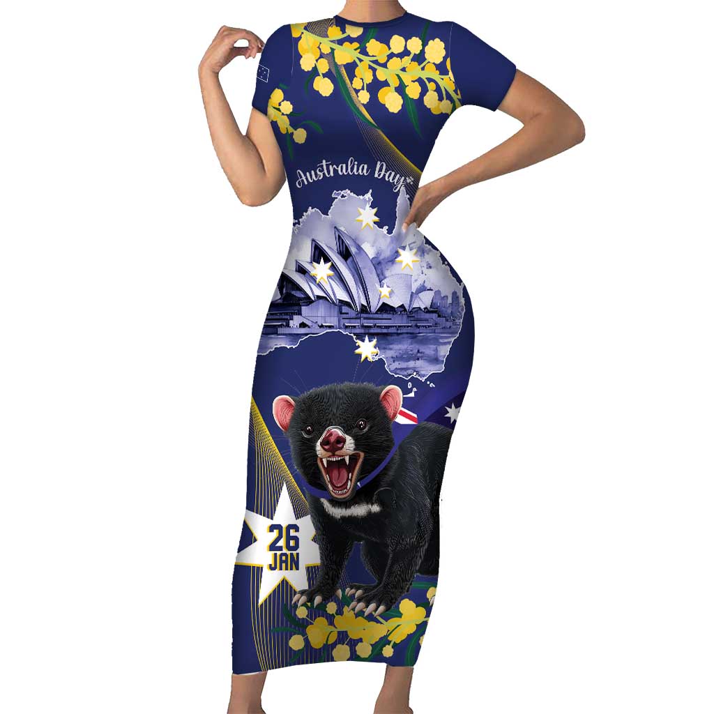 Tasimania Devil Australia Day Family Matching Short Sleeve Bodycon Dress and Hawaiian Shirt Aussie Aussie Aussie Oi! Oi! Oi! - Blue