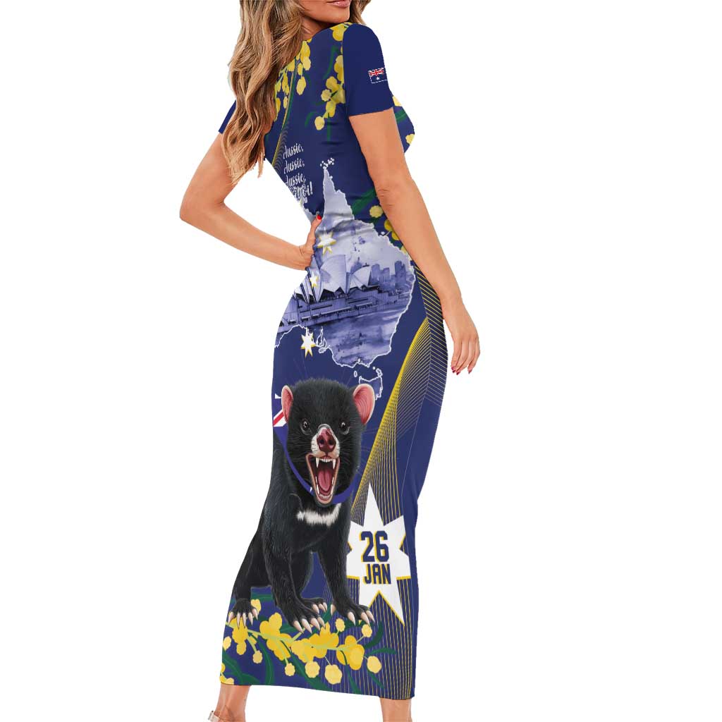 Tasimania Devil Australia Day Family Matching Short Sleeve Bodycon Dress and Hawaiian Shirt Aussie Aussie Aussie Oi! Oi! Oi! - Blue