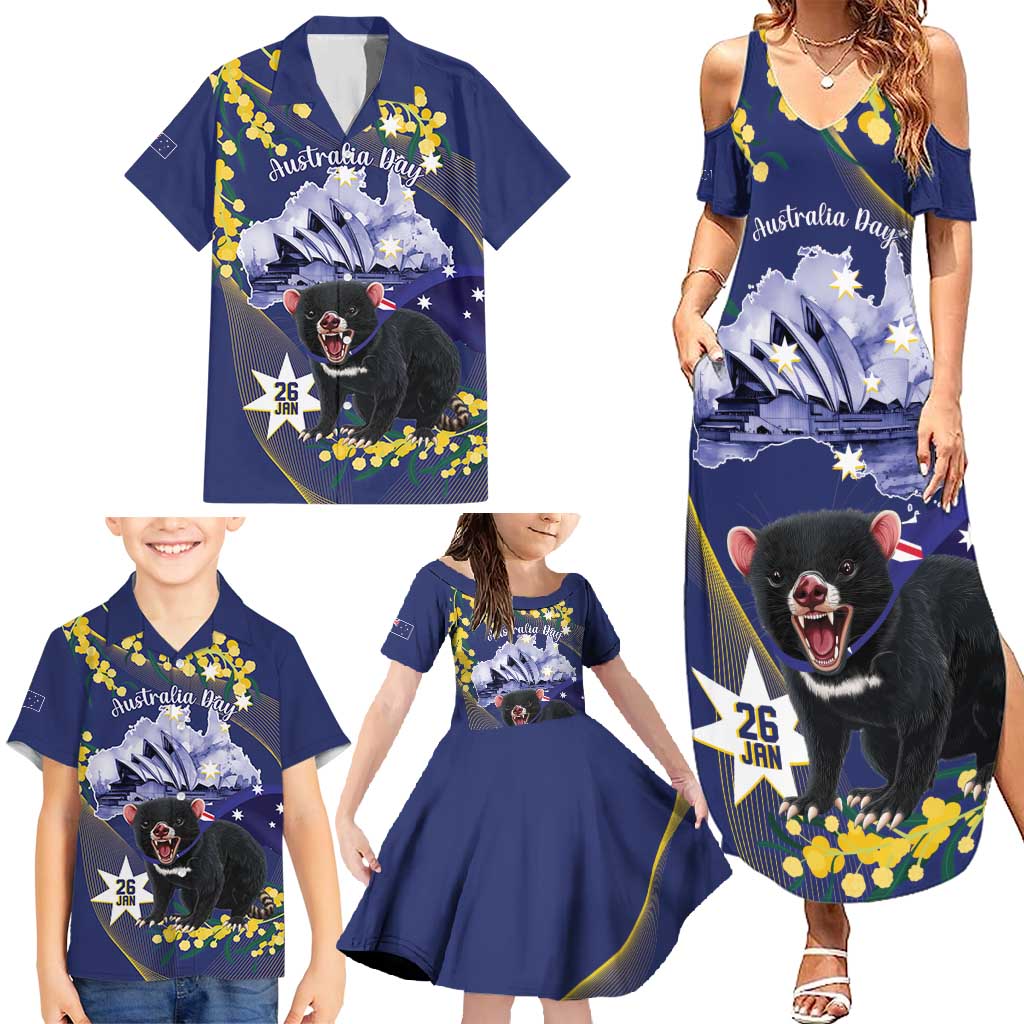 Tasimania Devil Australia Day Family Matching Summer Maxi Dress and Hawaiian Shirt Aussie Aussie Aussie Oi! Oi! Oi! - Blue