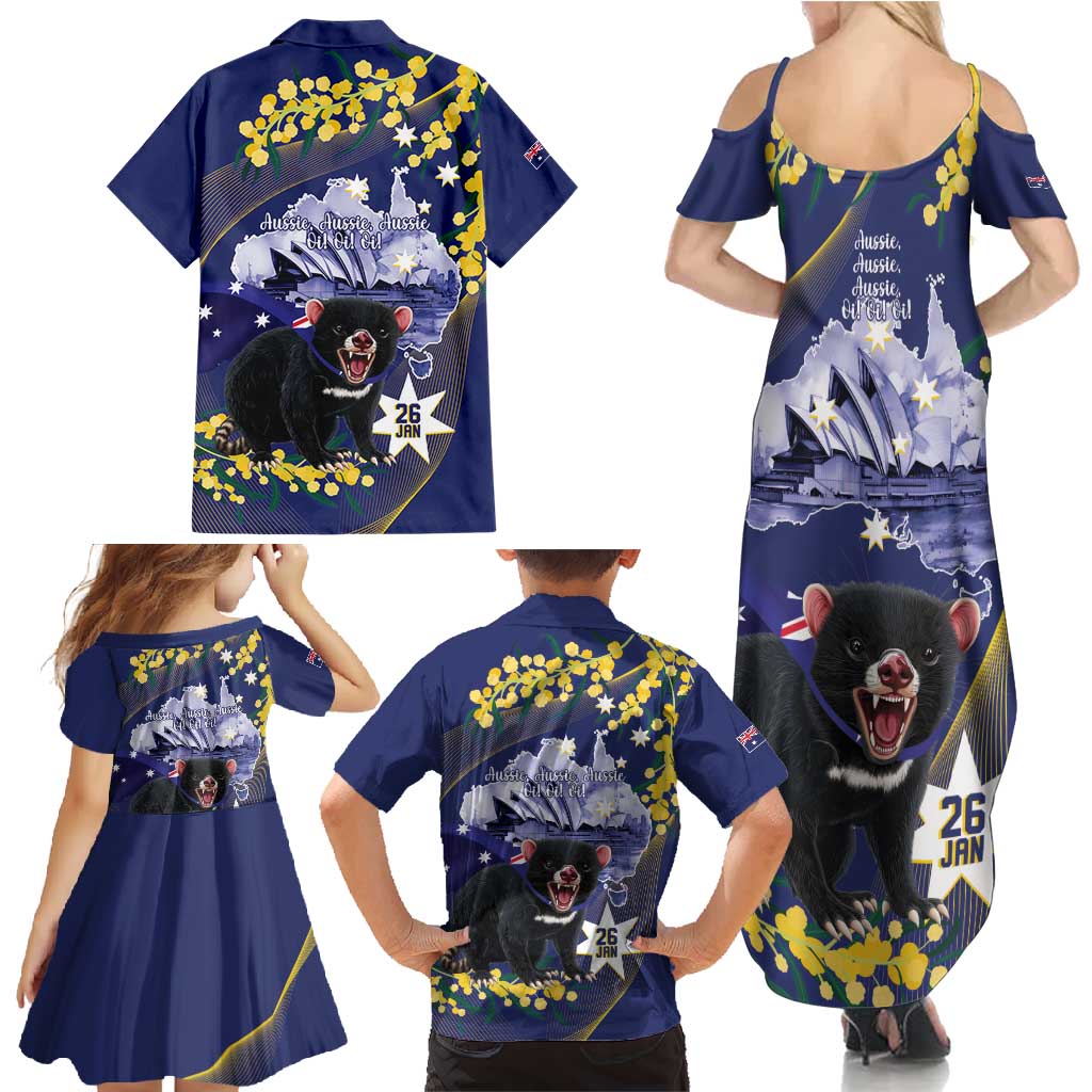 Tasimania Devil Australia Day Family Matching Summer Maxi Dress and Hawaiian Shirt Aussie Aussie Aussie Oi! Oi! Oi! - Blue