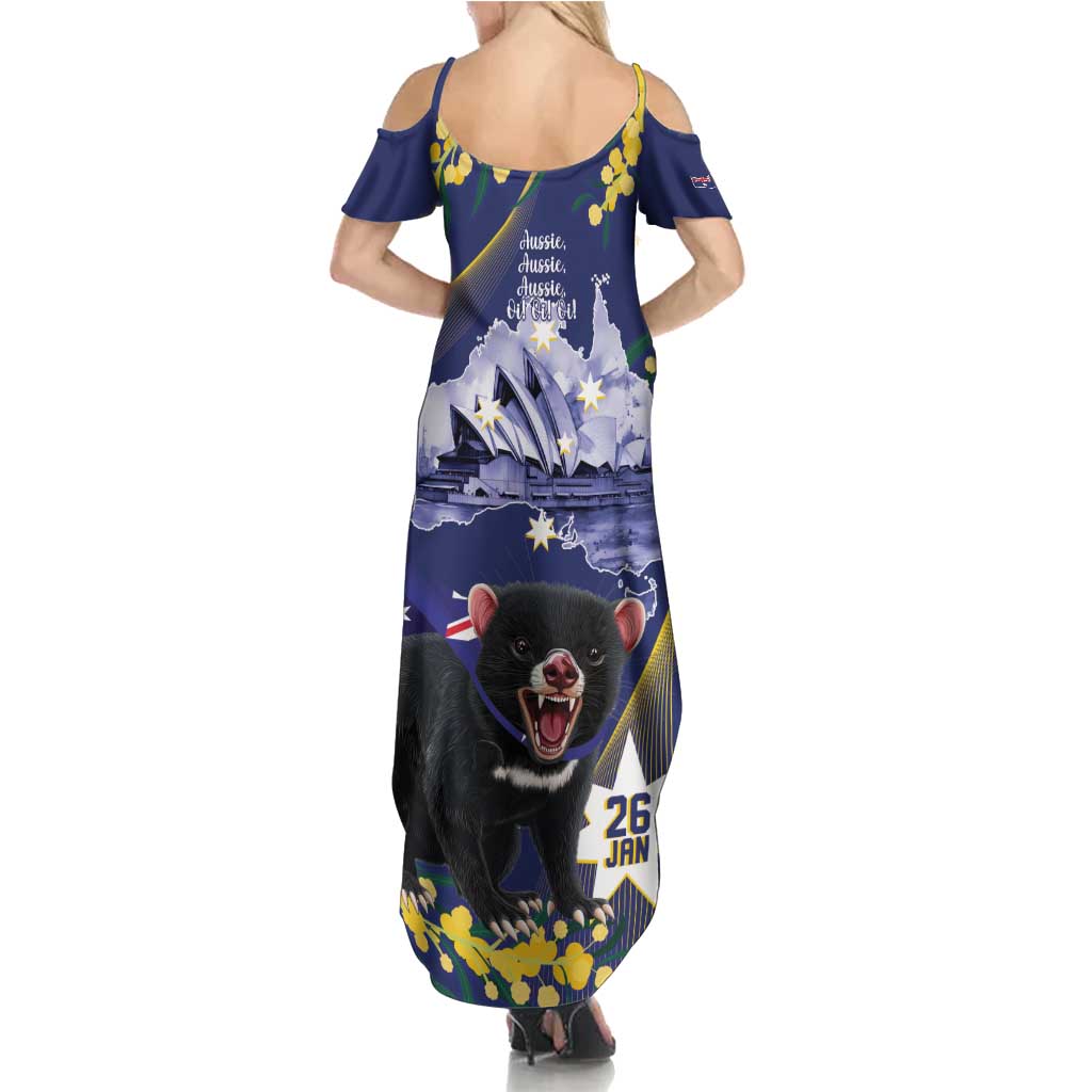 Tasimania Devil Australia Day Family Matching Summer Maxi Dress and Hawaiian Shirt Aussie Aussie Aussie Oi! Oi! Oi! - Blue