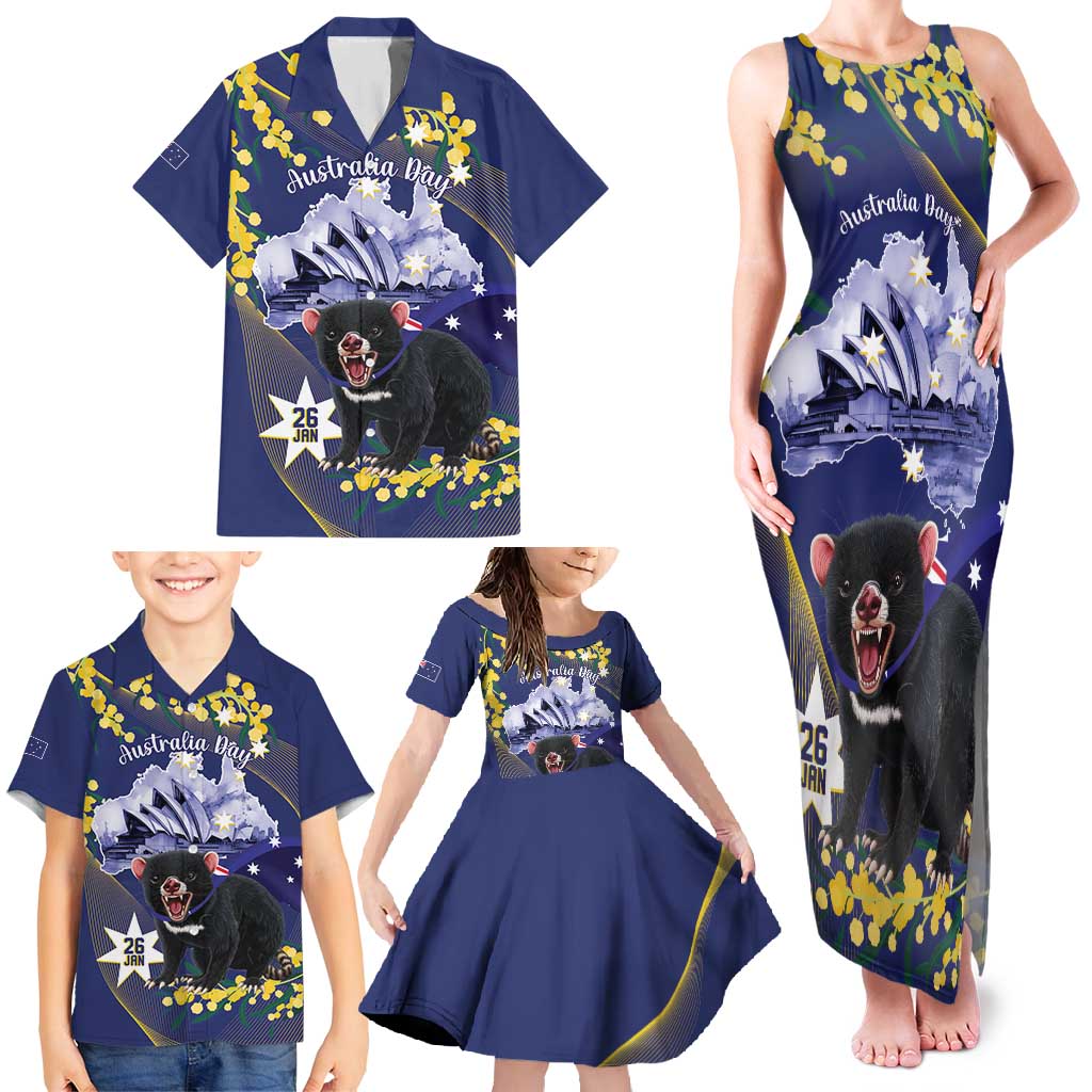 Tasimania Devil Australia Day Family Matching Tank Maxi Dress and Hawaiian Shirt Aussie Aussie Aussie Oi! Oi! Oi! - Blue